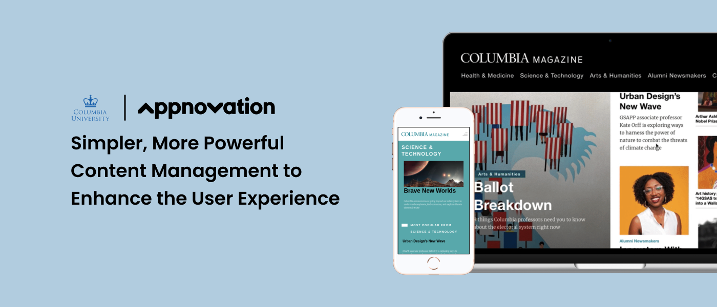 Columbia Magazine website shown on a laptop and phone, with a headline about simpler, more powerful content management