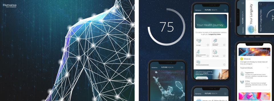 Abstract digital human figure beside Future Health app screens showing a longevity score of 75
