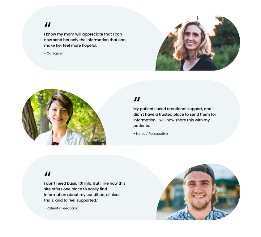 Testimonial quotes from a caregiver, nurse, and patient about finding trusted cancer support information