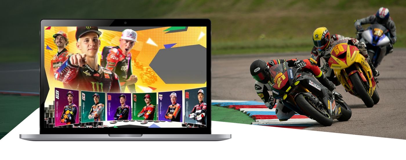 A laptop displaying a motorcycle racing game's rider selection screen next to real racers on track
