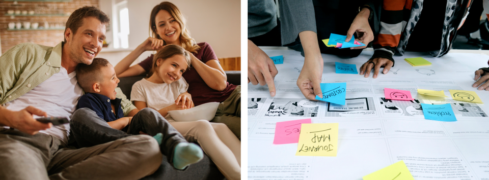 A family watching TV together, and a UX team mapping a user journey with sticky notes