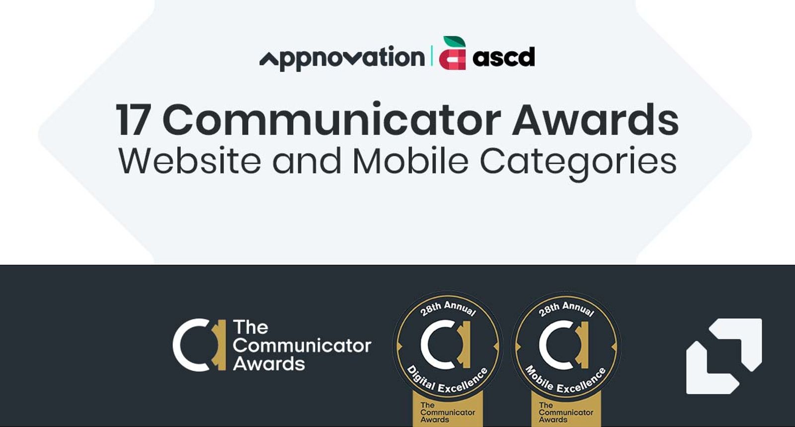 Appnovation and ASCD graphic announcing 17 Communicator Awards, with the award badges shown below
