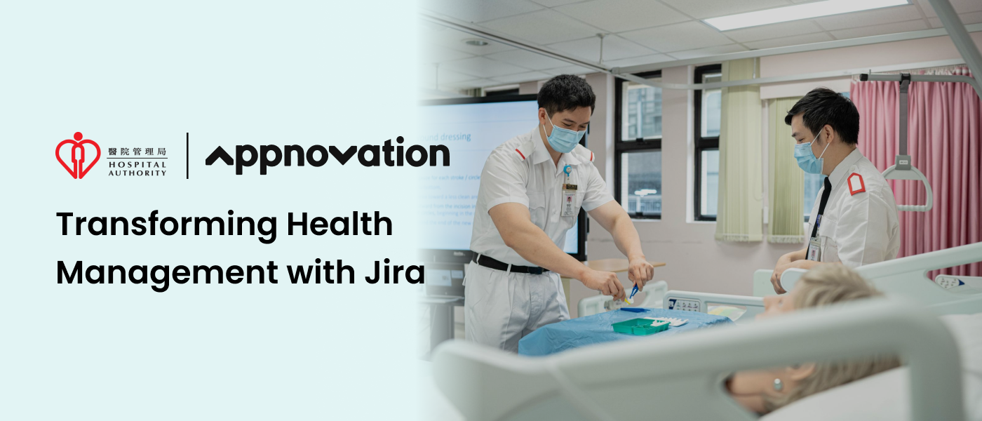 Hong Kong Hospital Authority logo over clinicians attending a patient, titled Transforming Health Management with Jira