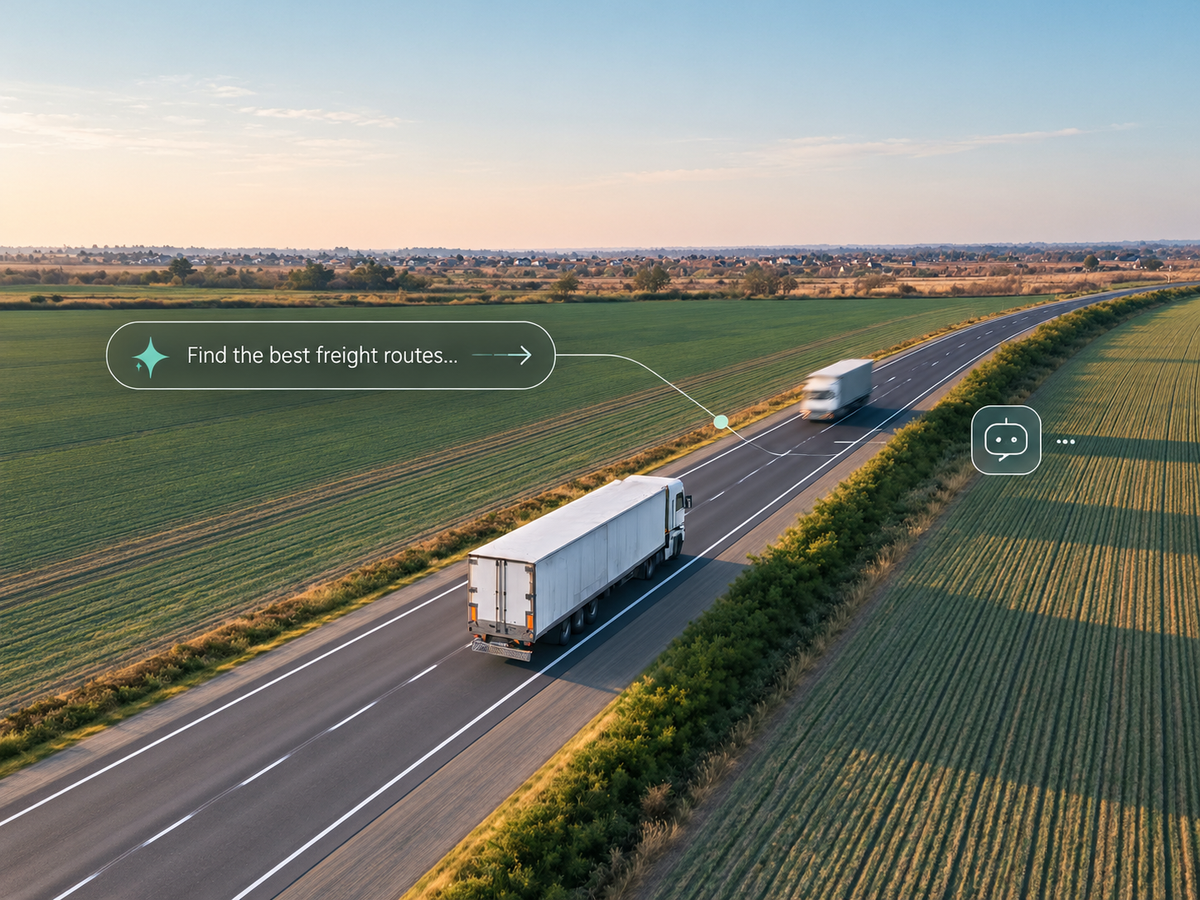 AI-powered freight search results panel next to a semi truck on the highway