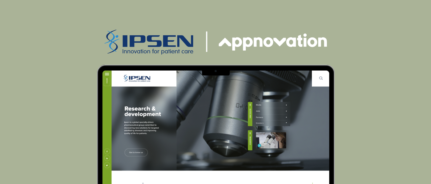 IPSEN and Appnovation logos over the IPSEN Research & Development website shown on a tablet