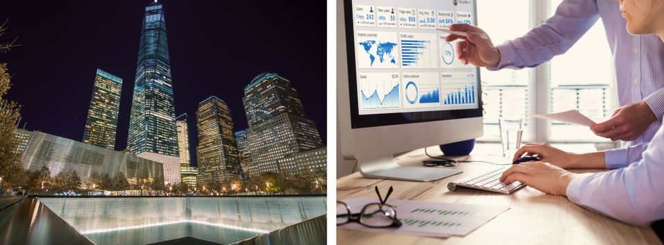 9/11 Memorial reflecting pools at night beside a data dashboard on a desk