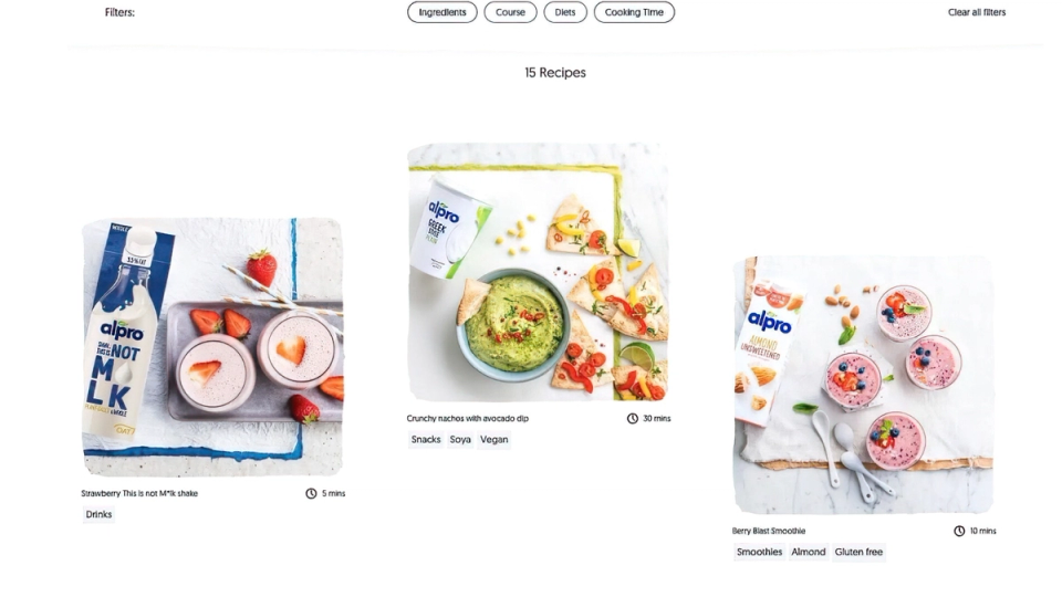 Alpro recipe listing page showing filtered recipes, including a smoothie and an avocado dip