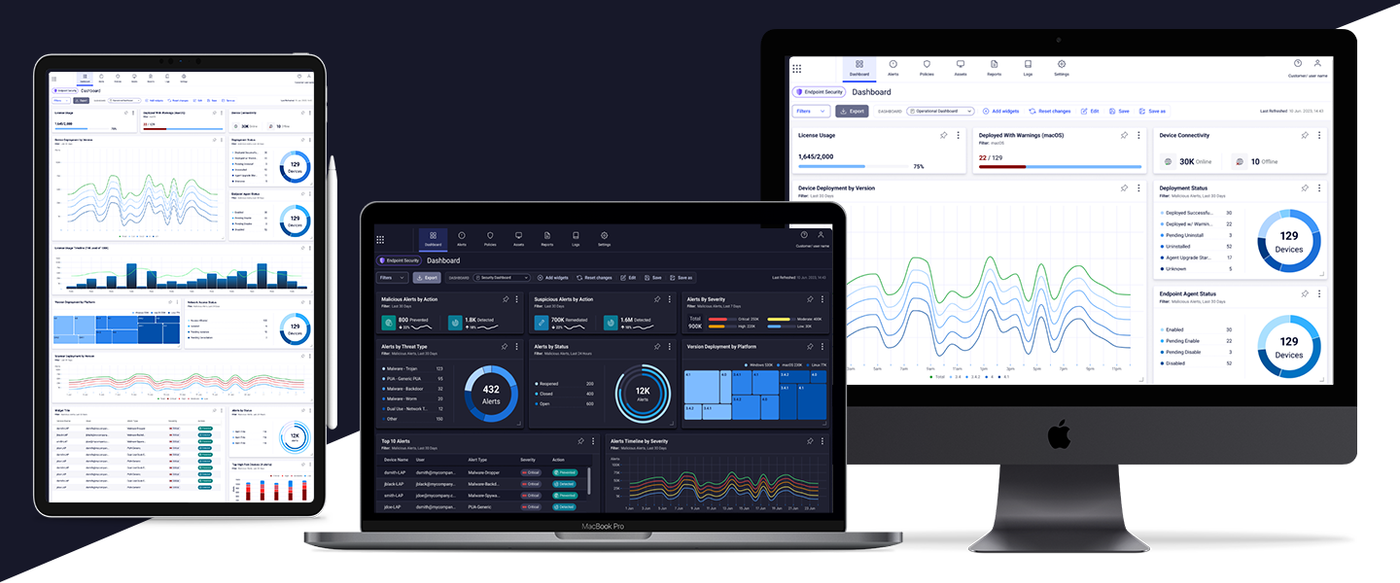 A tablet, laptop and monitor display dark-themed security analytics dashboards