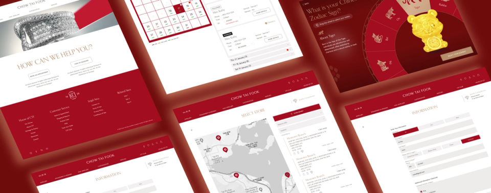 Collage of Chow Tai Fook app screens: support page, event calendar, and zodiac quiz