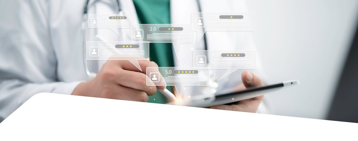 A doctor holding a tablet surrounded by floating patient review ratings and comment bubbles