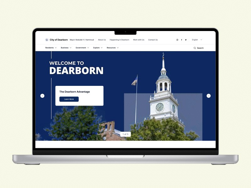 Laptop displaying the redesigned City of Dearborn website homepage