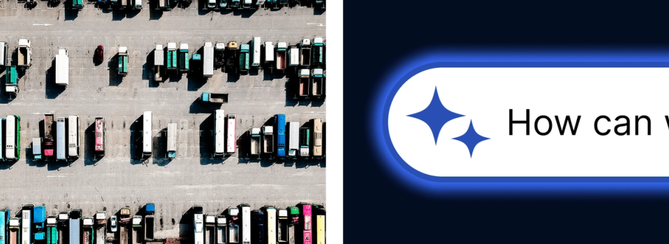 Aerial view of a truck lot beside an AI search bar interface with a sparkle icon