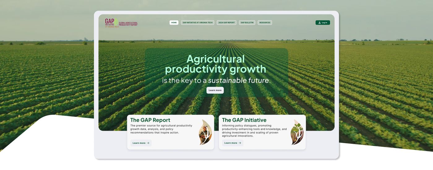 The GAP Report website reading 'Agricultural productivity growth is the key to a sustainable future' over a farm field