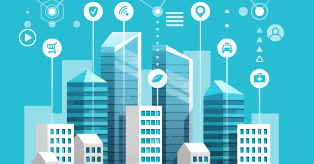 Illustration of a connected city skyline with icons for shopping, security, wifi, location, transport and healthcare