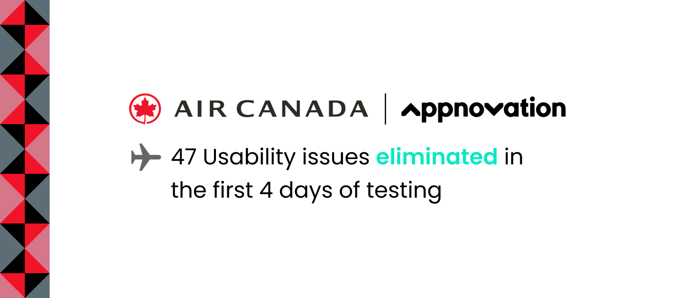 Air Canada and Appnovation logos with a stat that 47 usability issues were eliminated in the first 4 days of testing