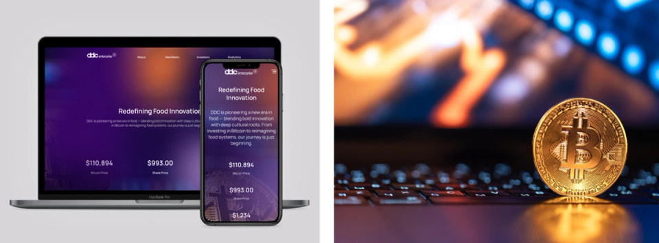 DayDayCook website mockup 'Redefining Food Innovation' on laptop and phone, and a Bitcoin coin on a keyboard