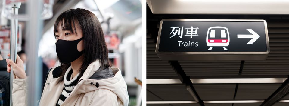 Passenger wearing a face mask on a train beside a station sign for trains