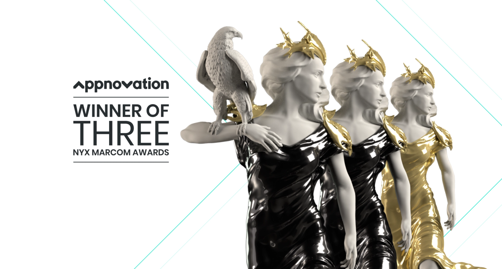 Three statuette trophies with an eagle figure beside text announcing Appnovation's three NYX Marcom Award wins