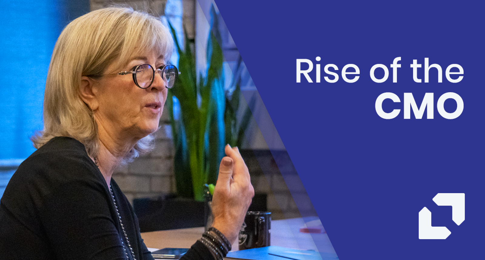 Woman gesturing while speaking, beside the headline Rise of the CMO