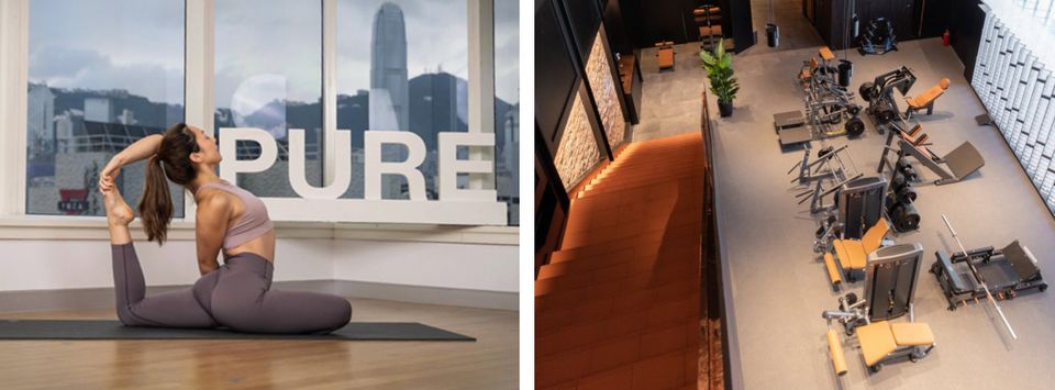 Woman practicing yoga at a PURE studio overlooking the skyline, and gym equipment seen from above