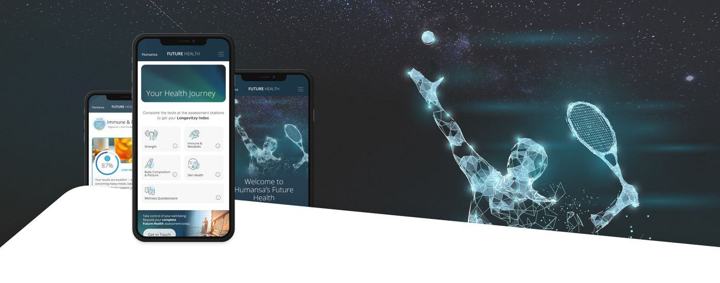 Humansa Future Health app screens showing a longevity index, next to a glowing digital athlete graphic