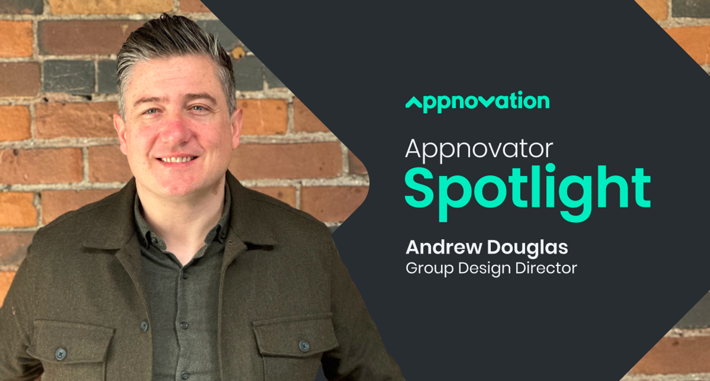 Andrew Douglas, a man, stands in front of a brick wall. The text reads Spotlight: Andrew Douglas, Group Design Director.