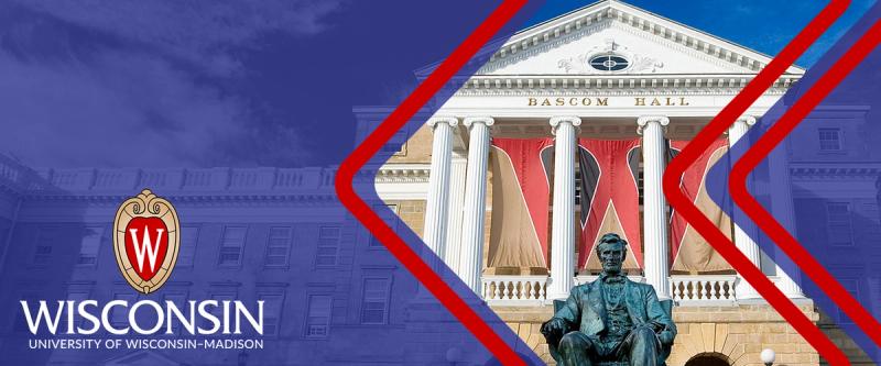 University of Wisconsin-Madison's Bascom Hall with the Lincoln statue and school logo