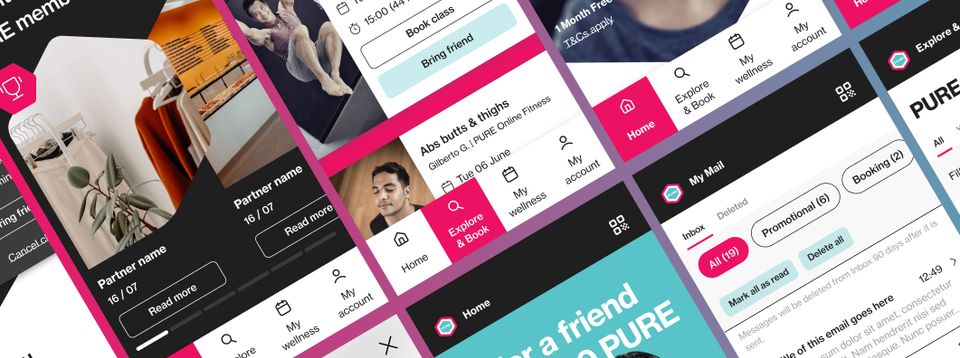 Collage of PURE app screens: partner offers, class booking, profile, and mail inbox