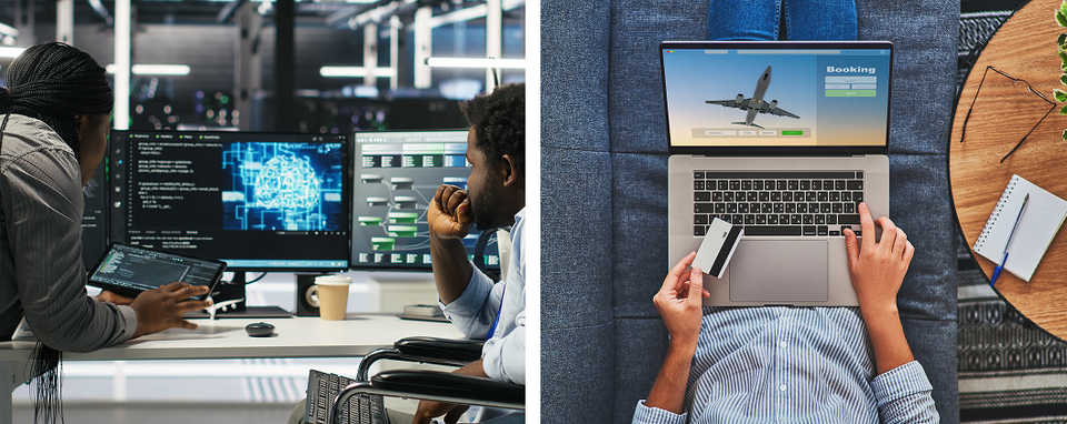 Two colleagues reviewing code and network diagrams on monitors, and someone booking a flight online with a card