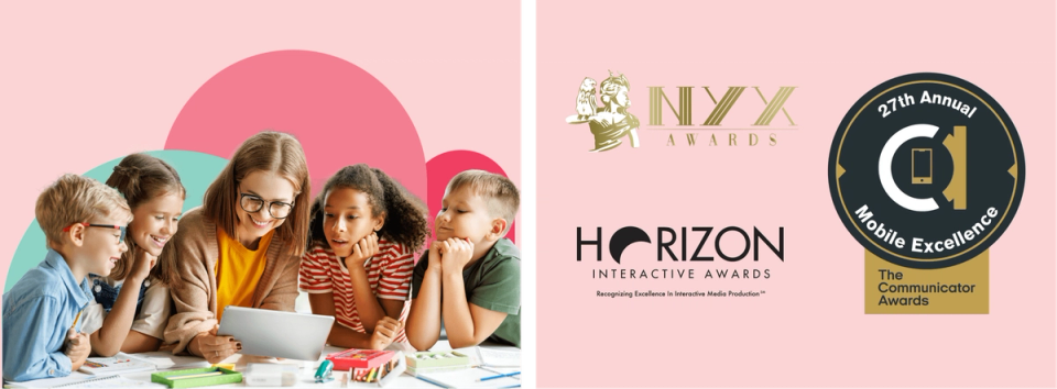 Children using a tablet together, alongside NYX, Horizon Interactive, and Communicator Awards badges