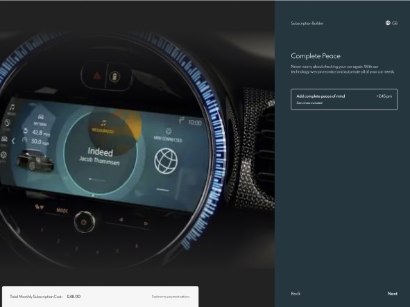 Car dashboard app screen 'Complete Peace', a subscription add-on for automated monitoring