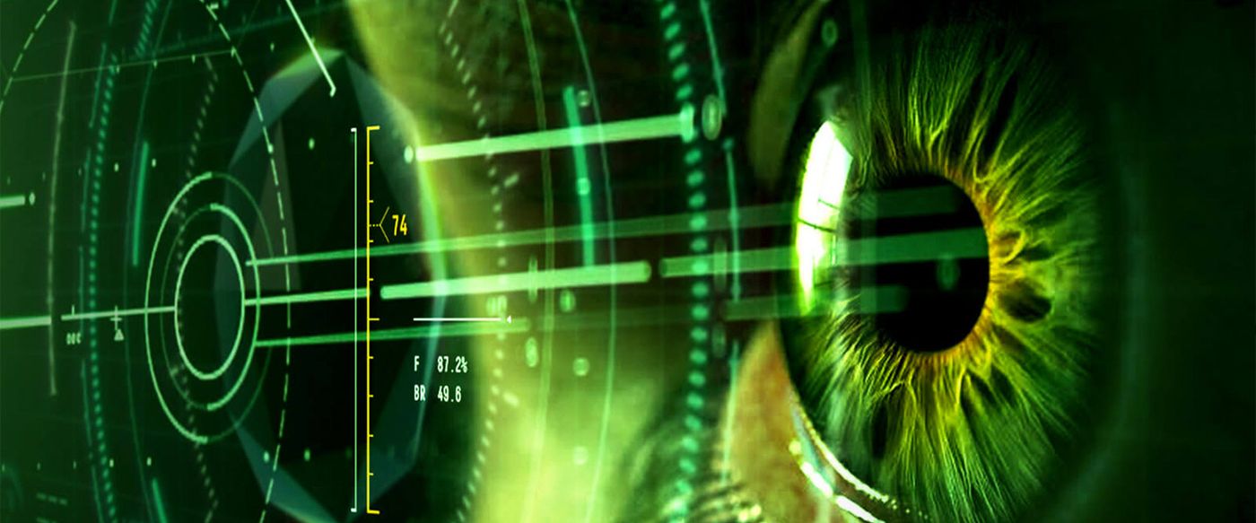 A futuristic digital interface scans a human eye with green targeting graphics