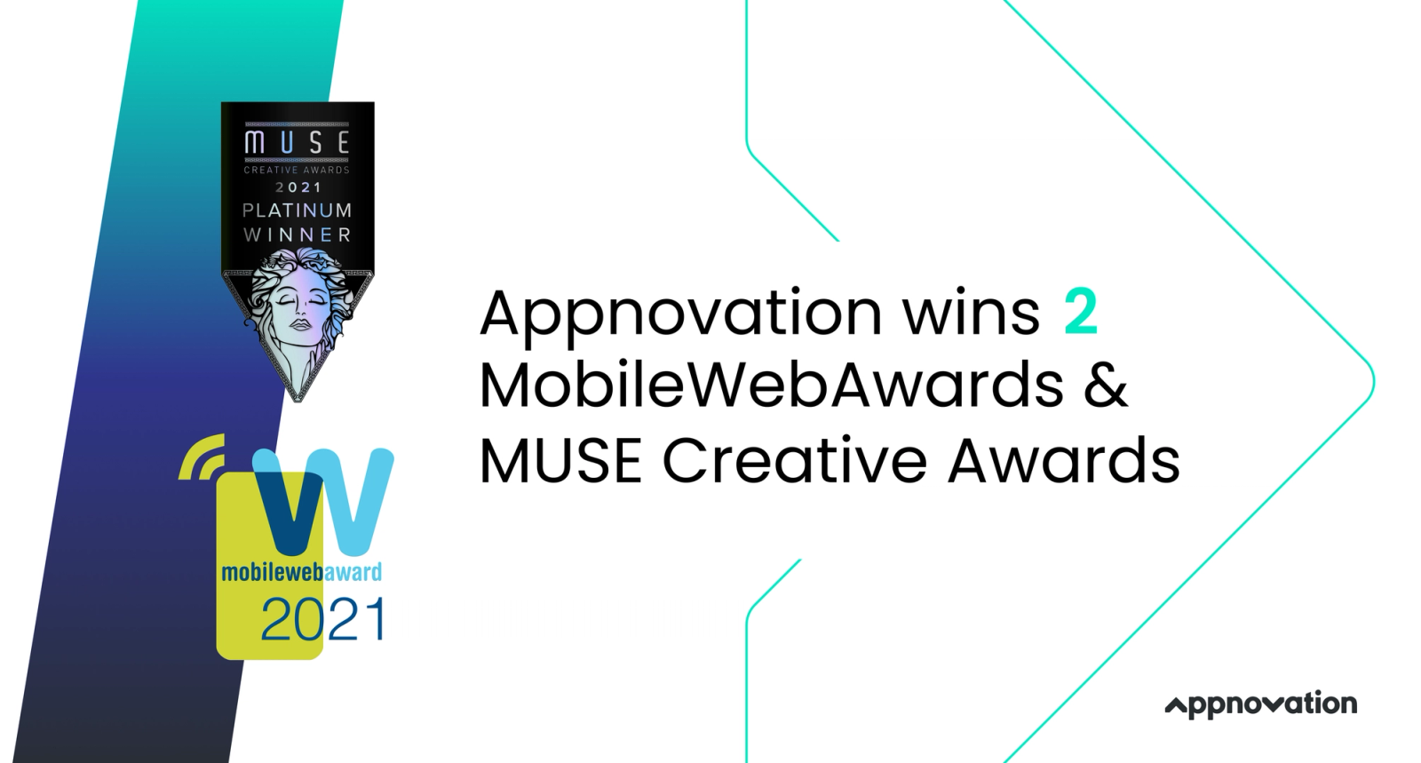 MUSE Creative Awards platinum badge and MobileWebAward 2021 logo beside text on Appnovation's two wins