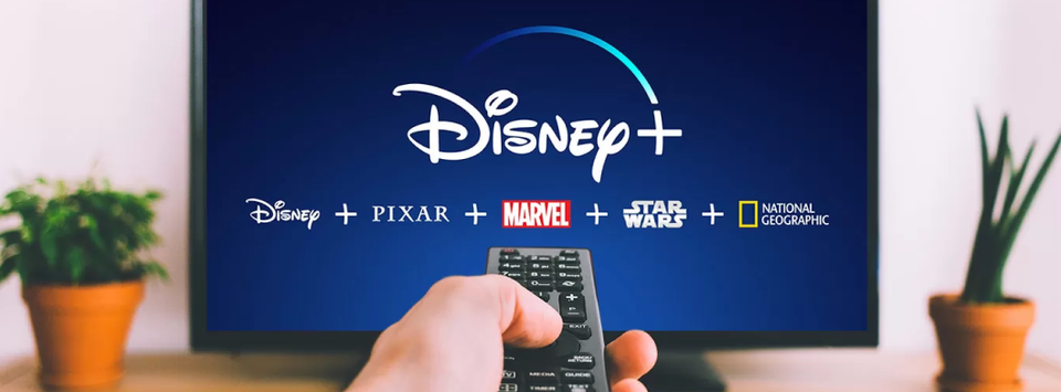 TV screen showing the Disney+ logo with Disney, Pixar, Marvel, Star Wars and National Geographic
