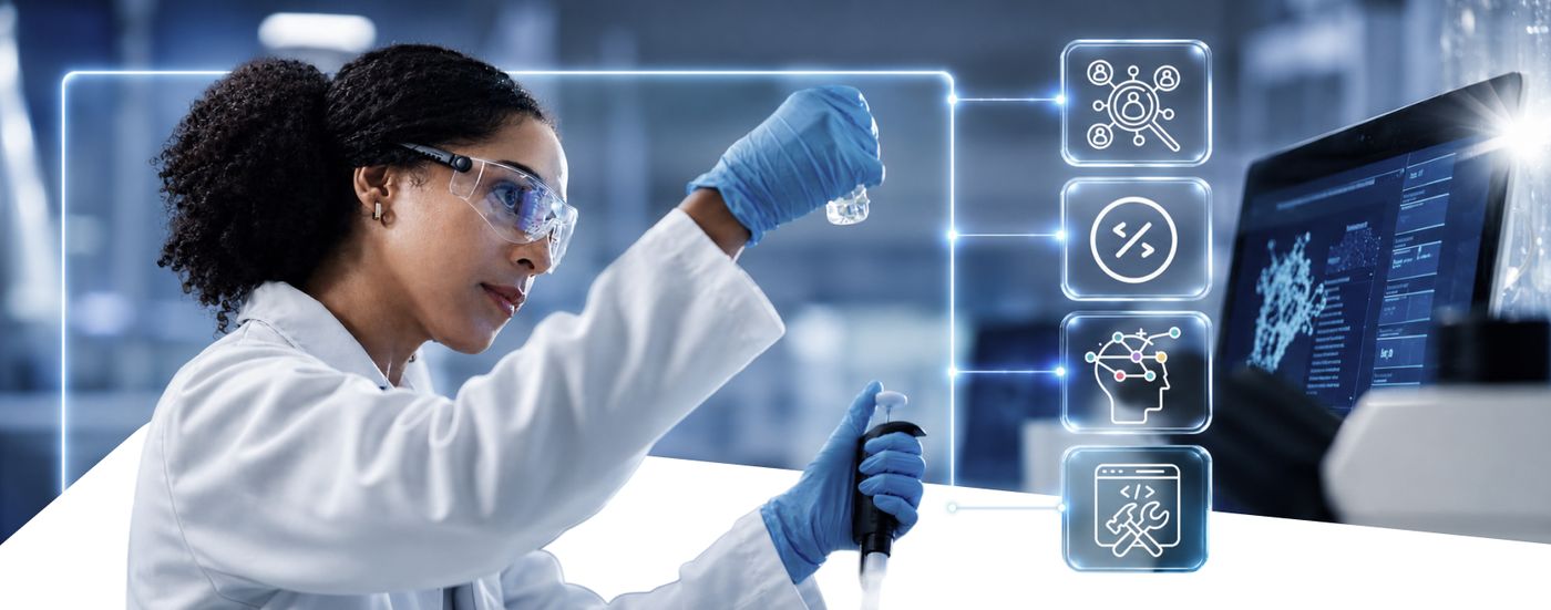 A scientist in a lab examines a sample, overlaid with AI, speed, insight and automation icons