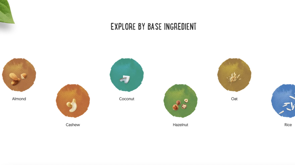 Alpro website ‘Explore by base ingredient’ menu with almond, cashew, coconut, hazelnut, oat, and rice icons