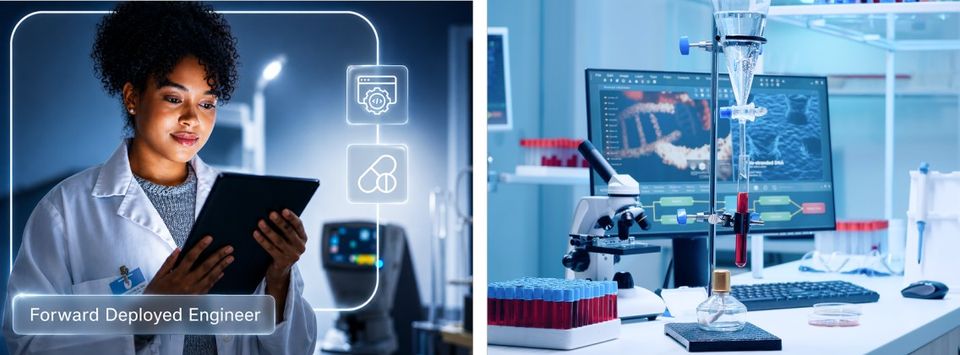 Illustration of a ‘Forward Deployed Engineer’ with a tablet, and a lab workstation with a microscope and screen