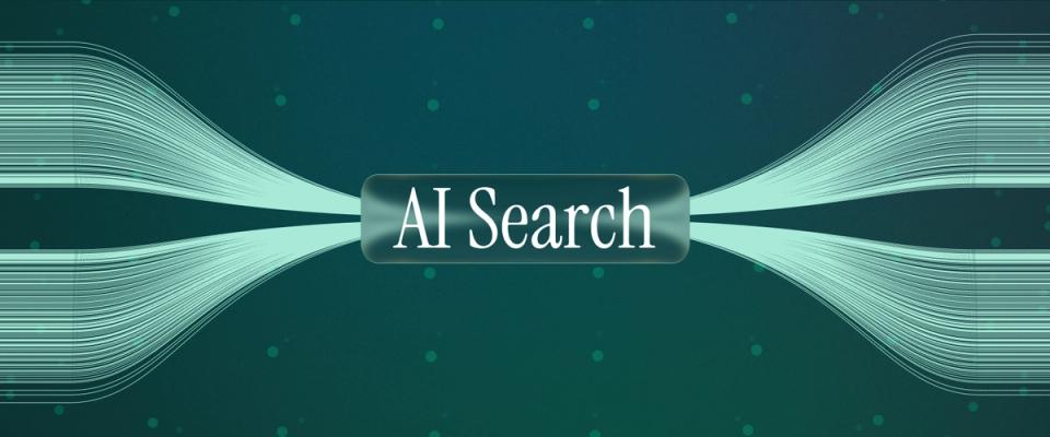 “AI Search” title over an abstract teal network graphic
