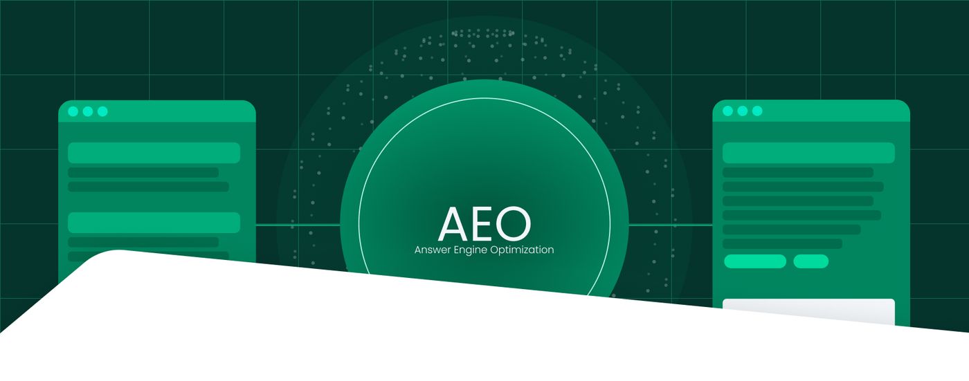 Illustrated graphic reading "AEO: Answer Engine Optimization" flanked by browser window icons