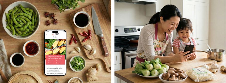 DayDayCook recipe app on a phone over ingredients, and a mother and daughter cooking together