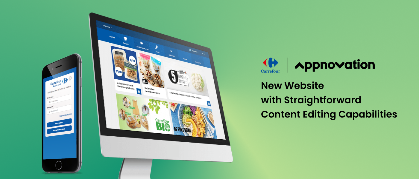 Carrefour website and app shown on a monitor and phone, with a headline about straightforward content editing