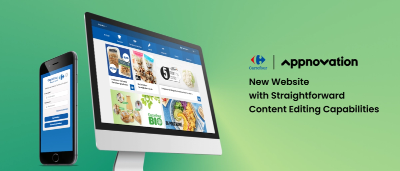 Carrefour website and app shown on a monitor and phone, with a headline about straightforward content editing