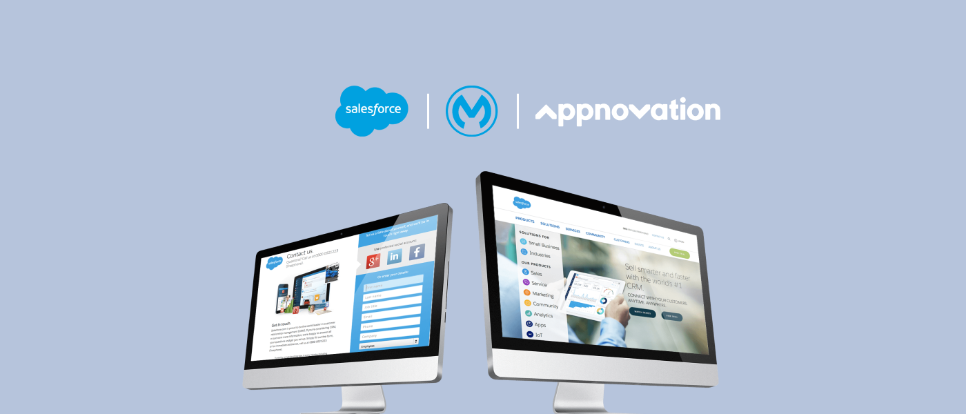 Salesforce, MuleSoft and Appnovation logos above two monitors displaying the integrated Salesforce platform