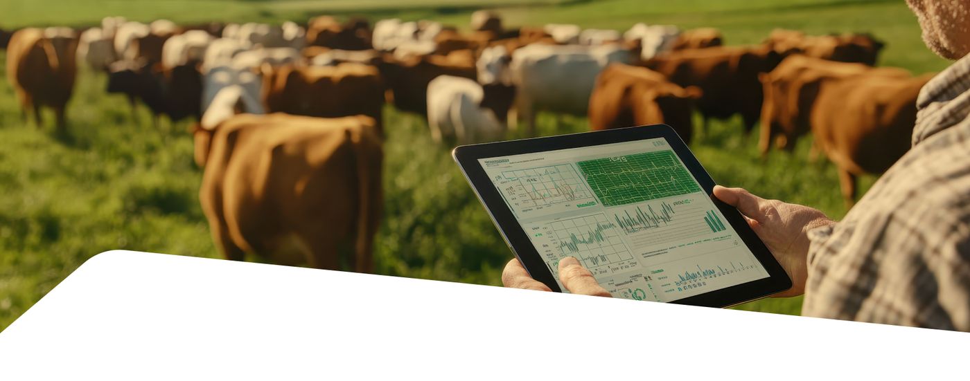 A farmer reviewing dairy supply chain data on a tablet in front of a grazing cattle herd