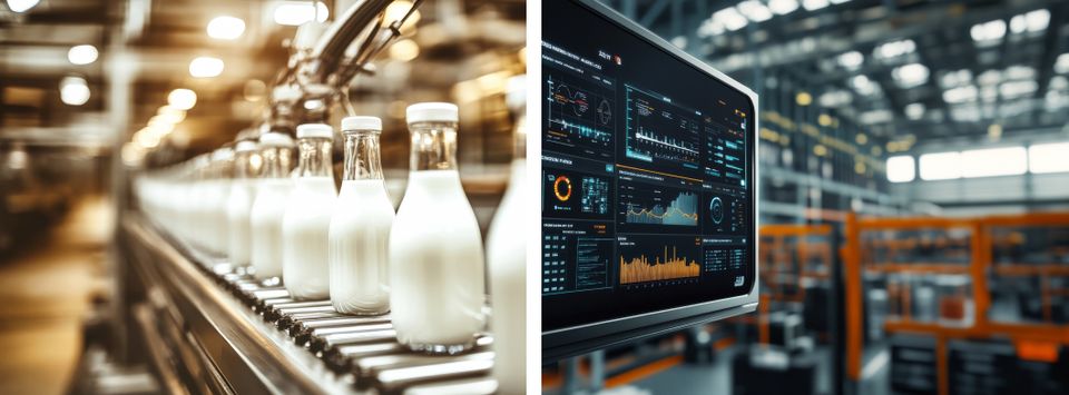 Milk bottles on a conveyor beside an industrial monitoring dashboard in a warehouse