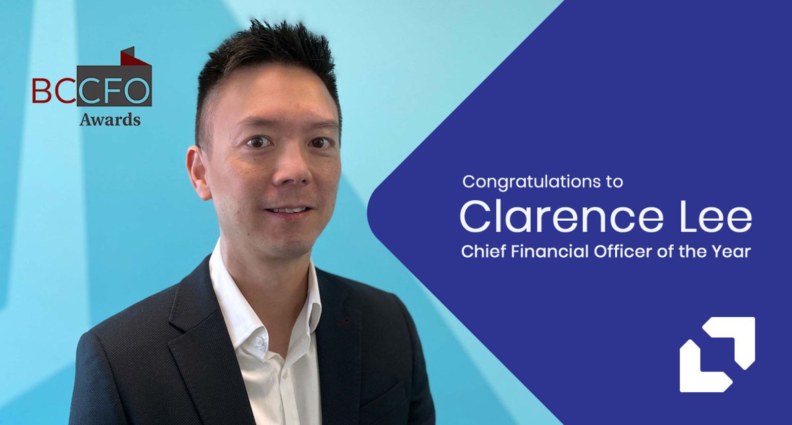 Clarence Lee congratulated as BC CFO of the Year, with the BCCFO Awards logo