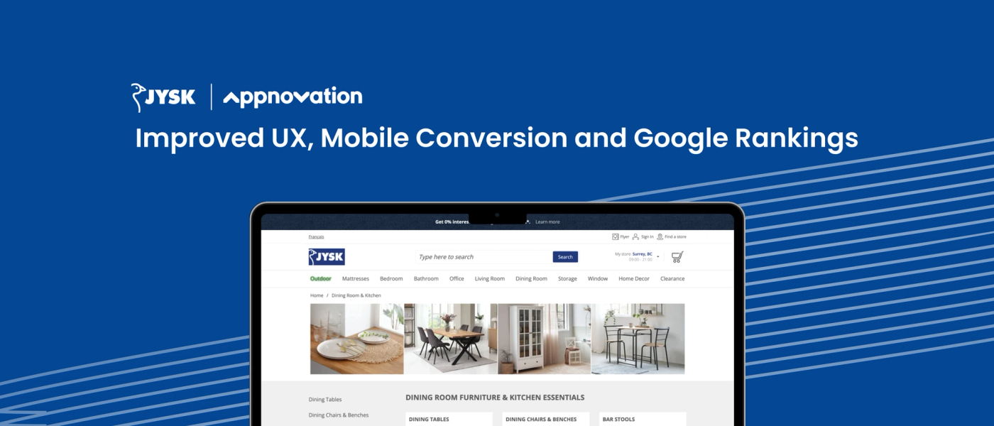 JYSK and Appnovation logos over a headline on better UX, mobile conversion and rankings, with the JYSK site on a laptop