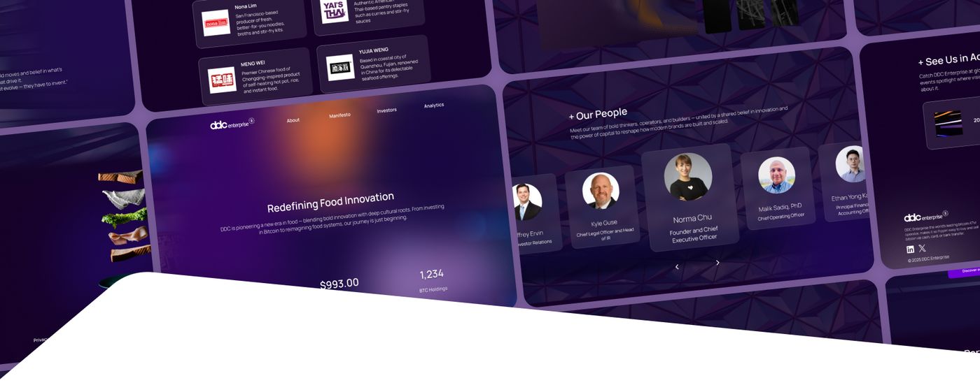 A dark-themed dashboard reading 'Redefining Food Innovation' with team member profiles