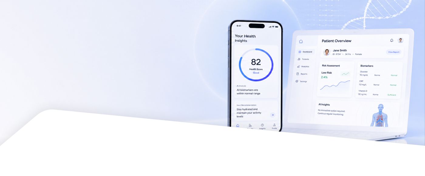 A phone showing a health score of 82 next to a laptop with a patient overview dashboard