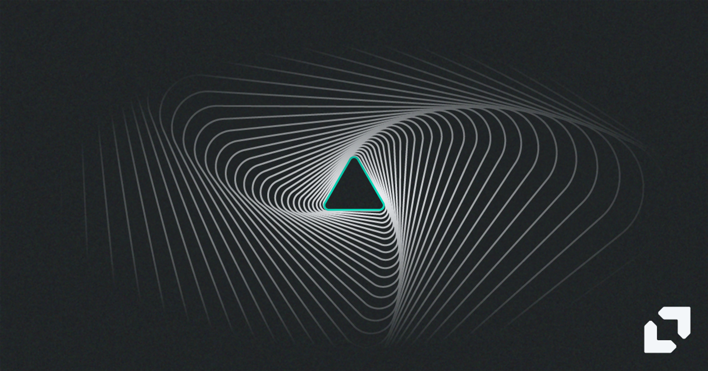 Abstract graphic of white lines spiralling around a green-outlined triangle on a dark background